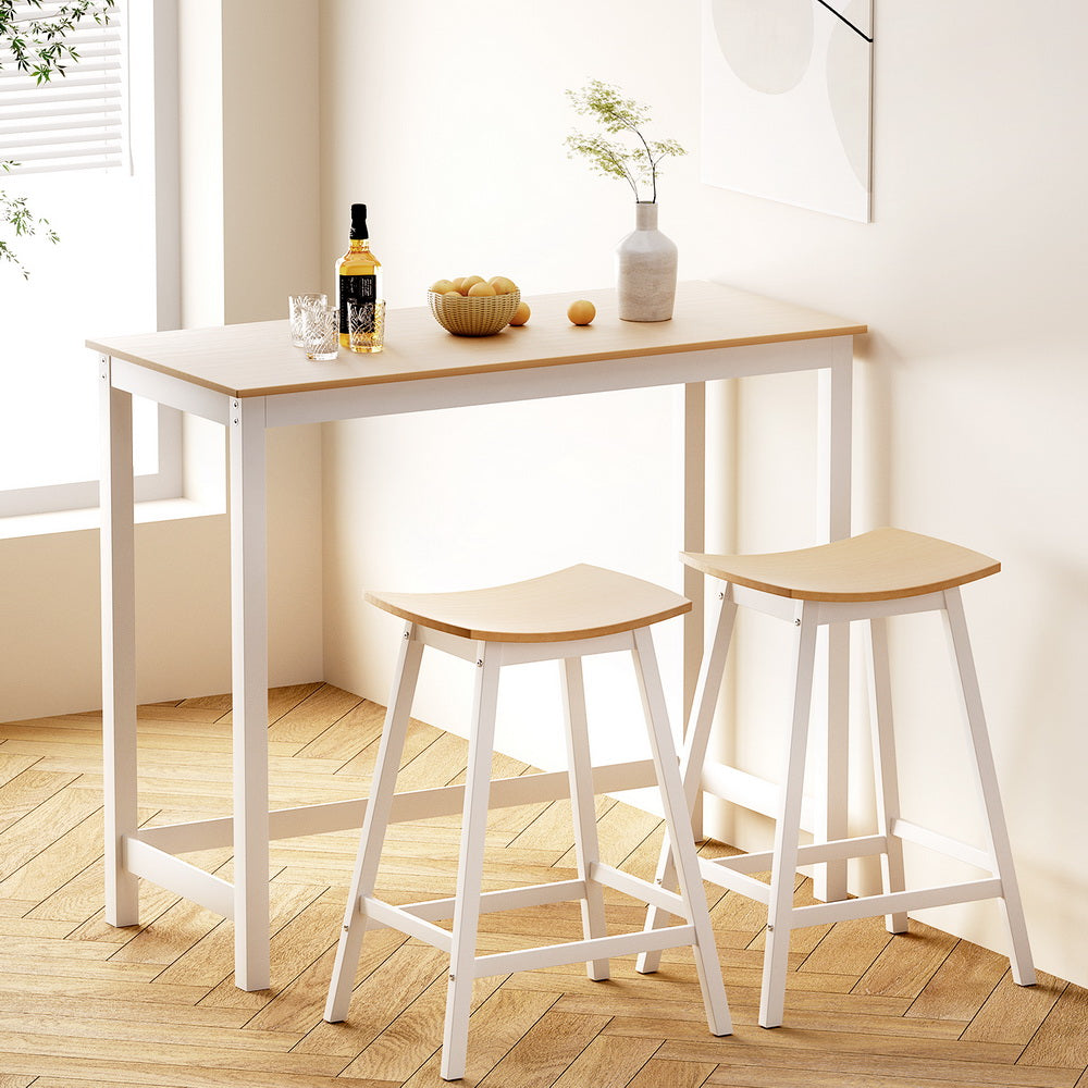 Artiss Pine & White Bar Table and Stools Set Solid Wood Dining Desk