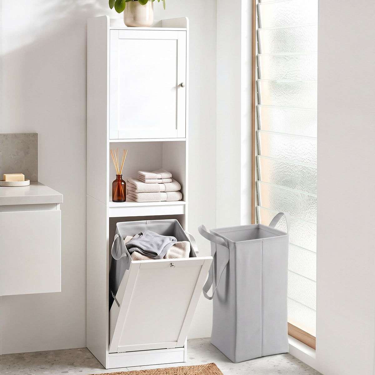 Artiss Tall Bathroom Storage Cabinet with Laundry Hamper 170cm White