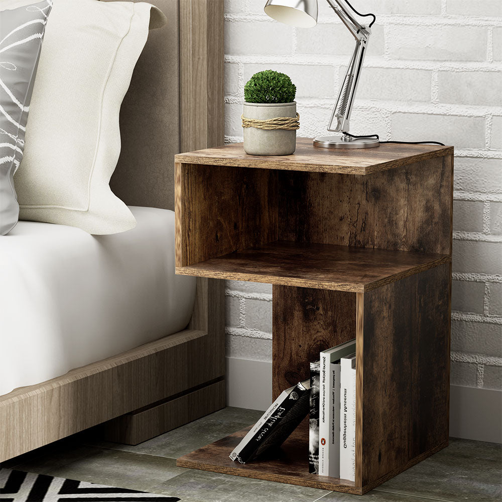 UMENI Bedside Table Rustic Oak Shelves Nightstand