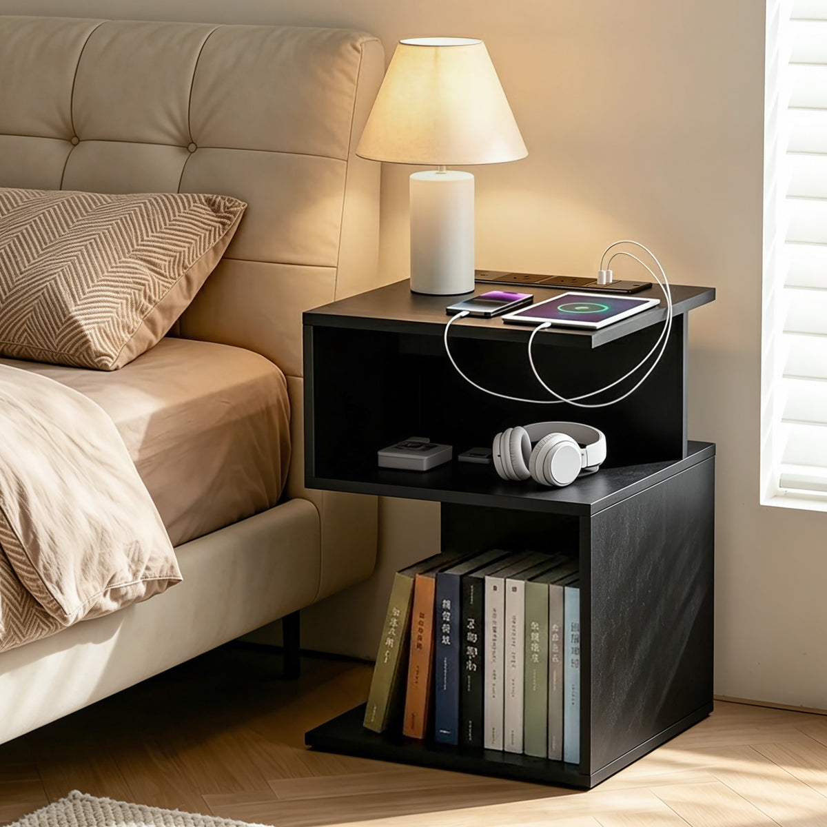 Umeni Bedside Table 2 Shelves S-Shaped Charging Station Black