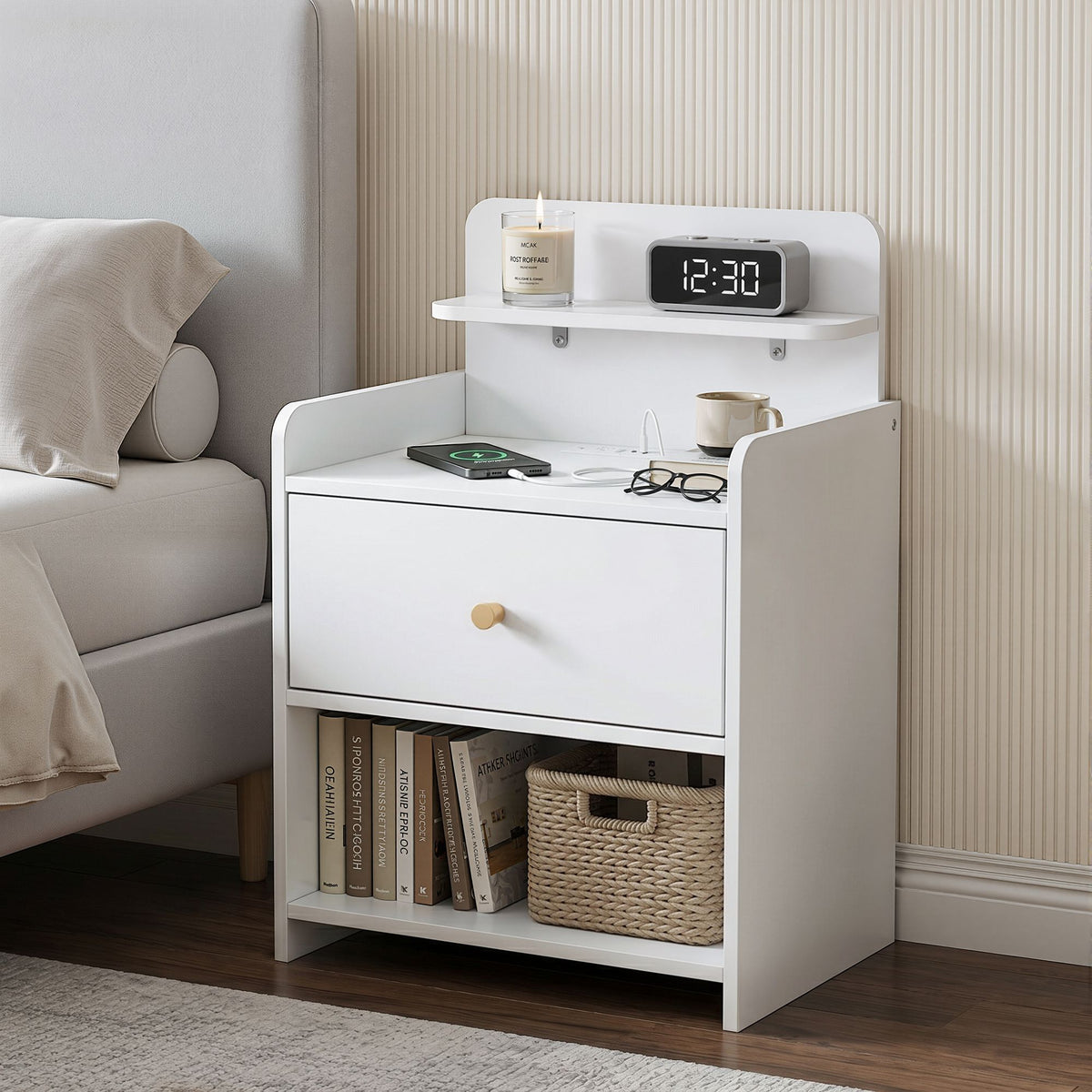 Artiss Bedside Table with Drawer and Charging Station White