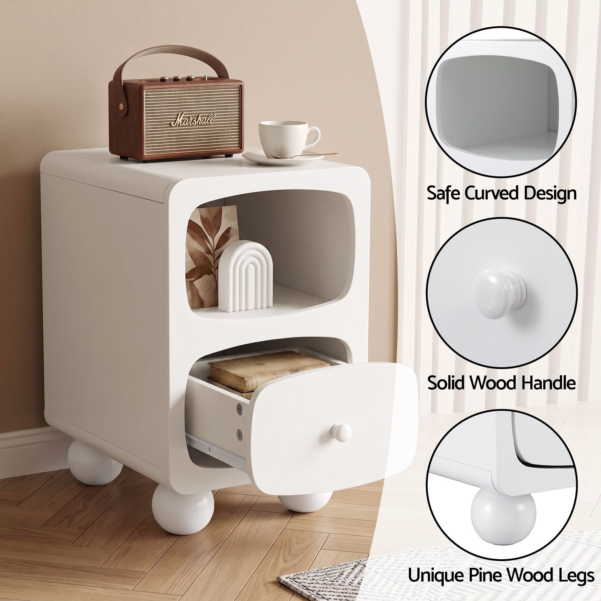 Artiss Bedside Table Storage Drawer Shelf Pine Wood Legs White