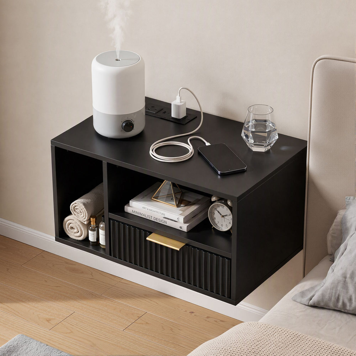 Artiss Floating Bedside Table with Charging Station Black 1 Drawer