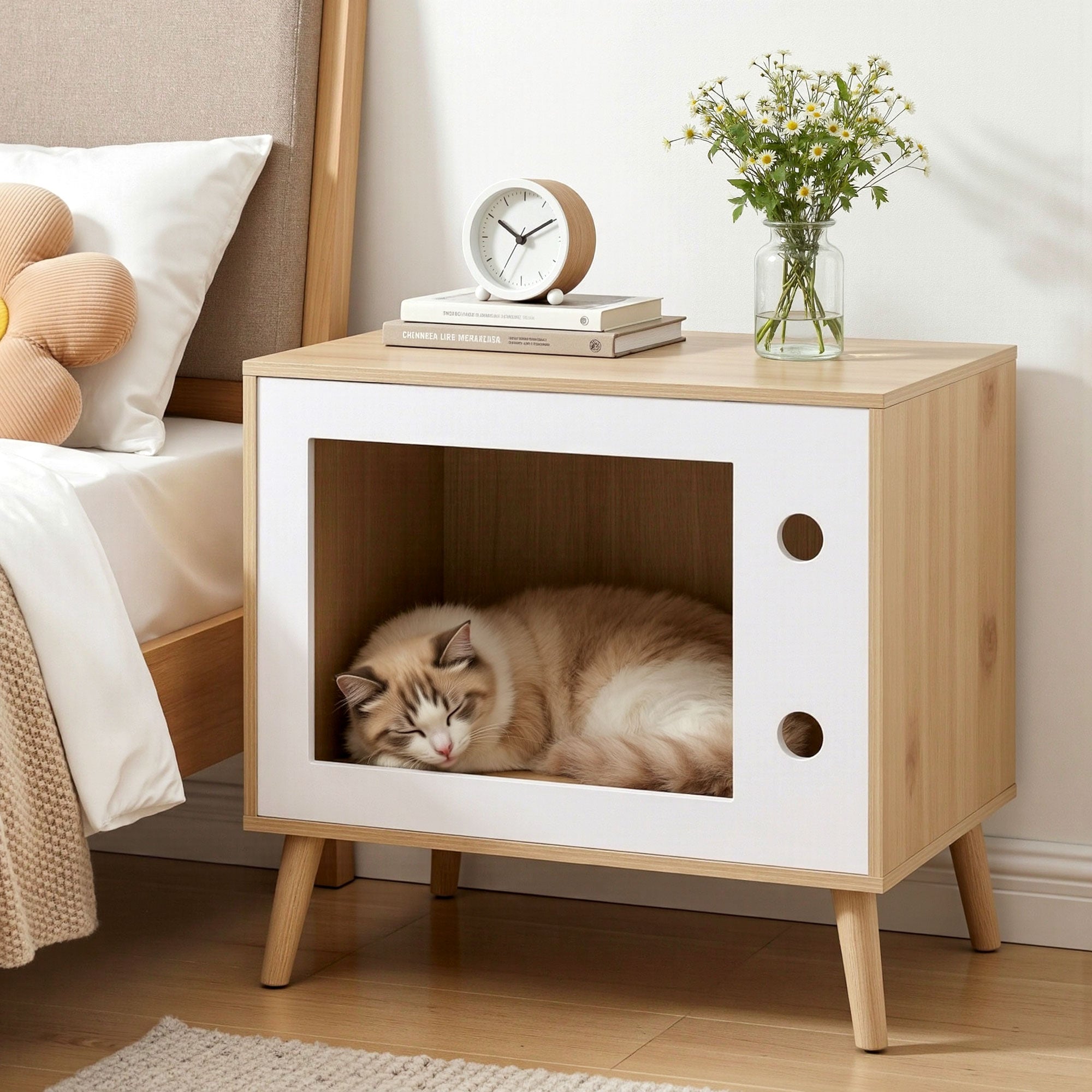 Artiss Cat Nest Bedside Table Solid Wood 60cm