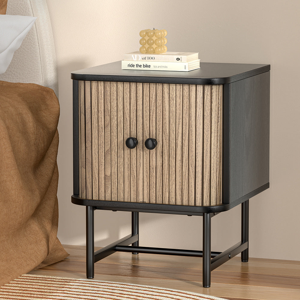 Boris Black Bedside Table Sliding Doors Storage Nightstand