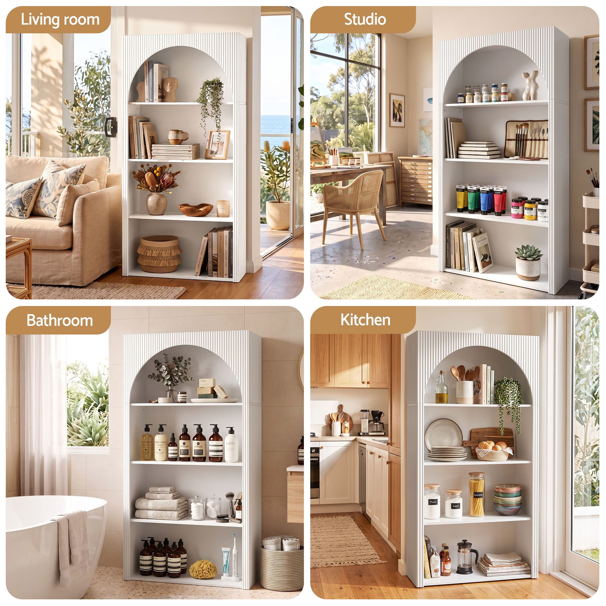 Artiss 4 Tier Bookshelf Arched Fluted Storage Display Cabinet Unit White