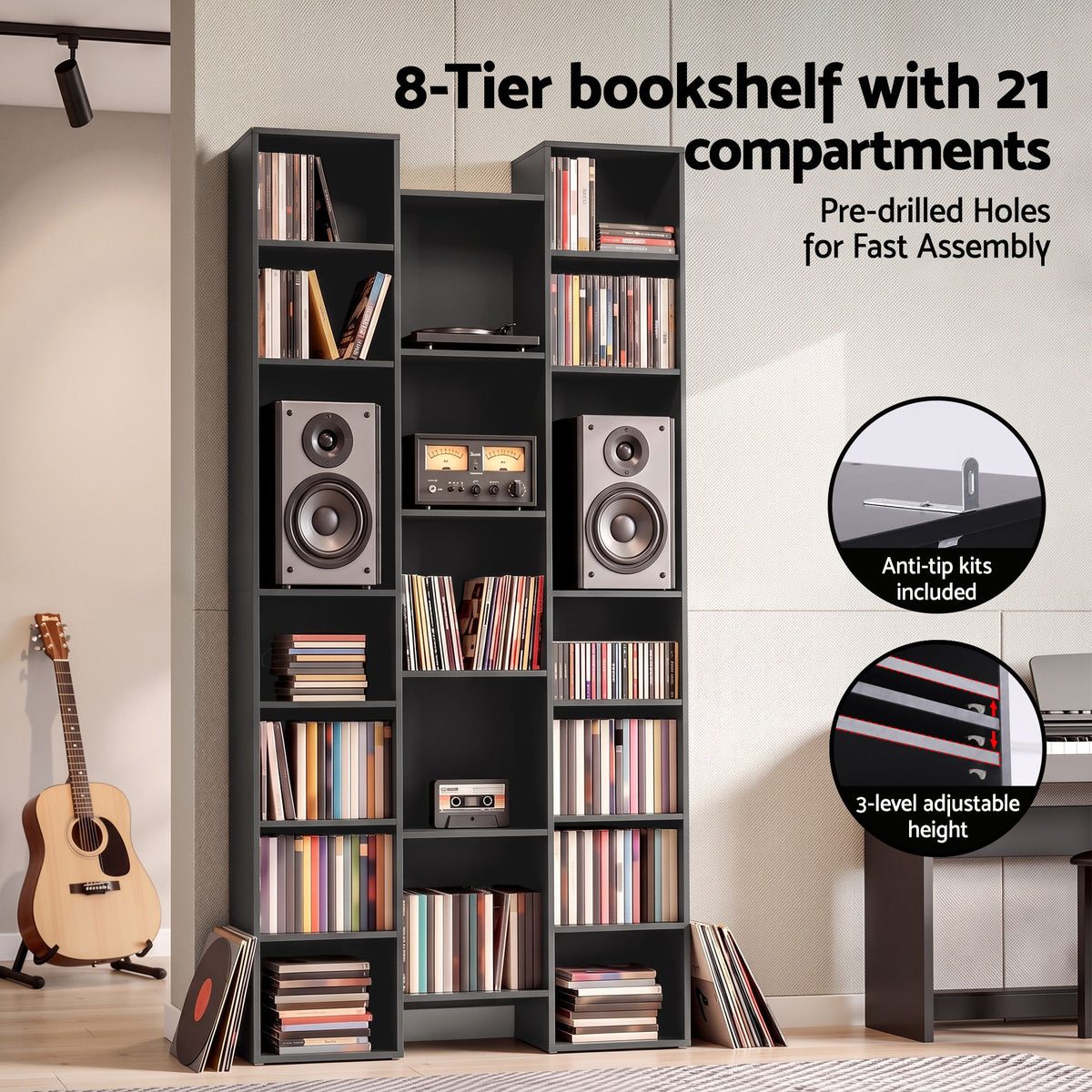 Artiss Bookshelf Display Shelves CD DVD Storage Rack Tall Bookcase Black