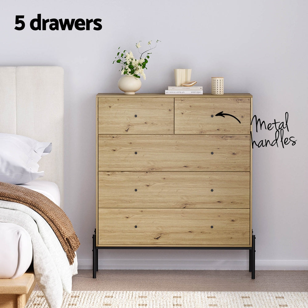 Arno 5-Drawer Chest Light Oak Black Industrial Style
