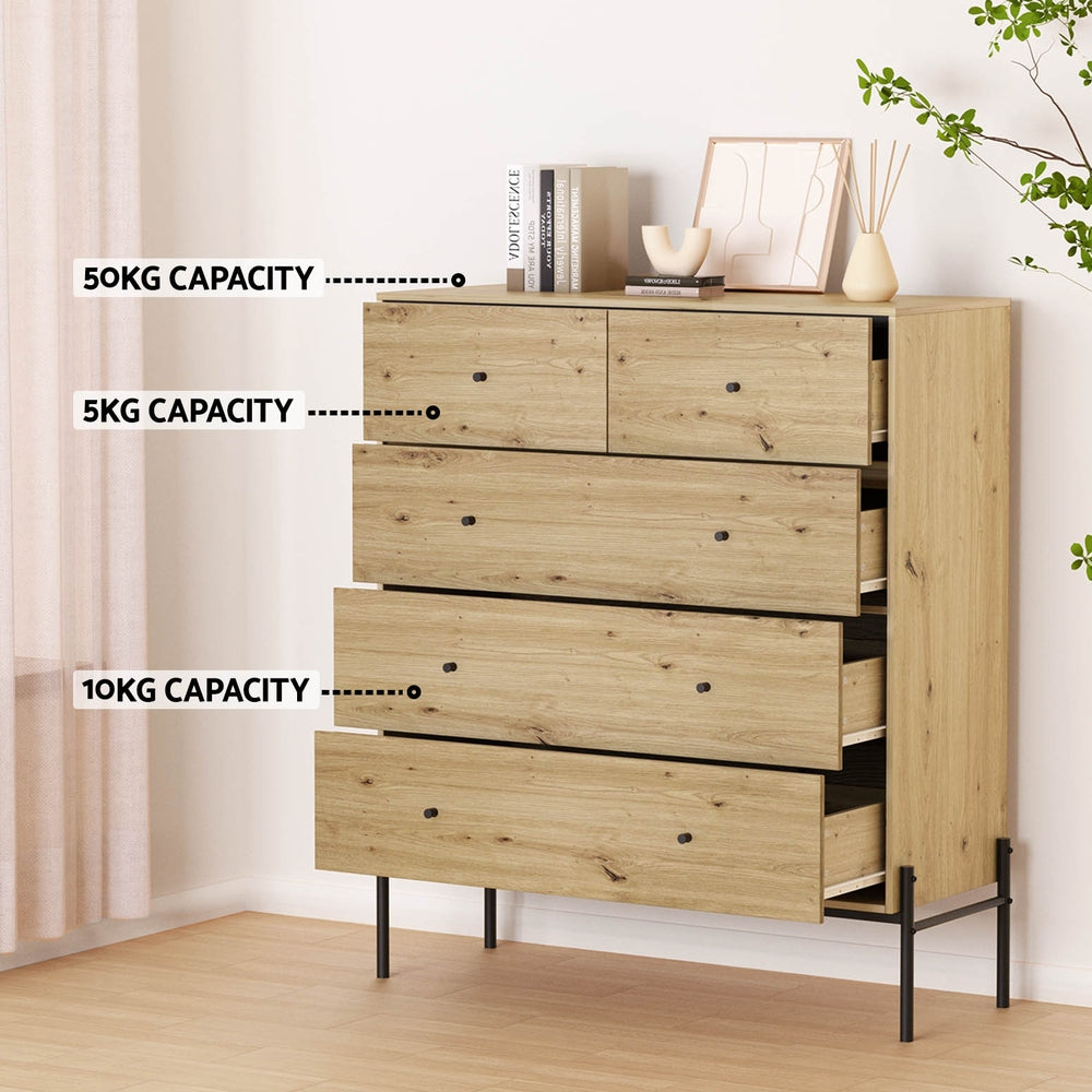 Arno 5-Drawer Chest Light Oak Black Industrial Style