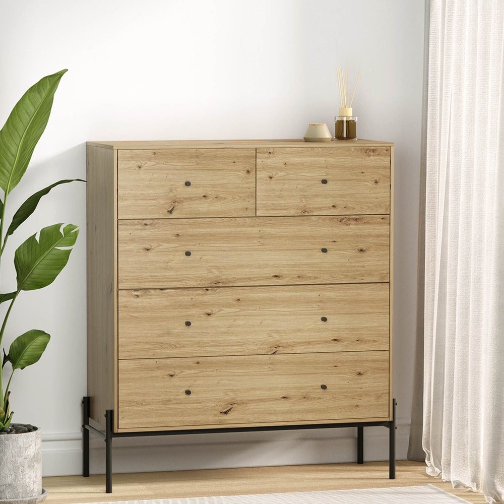 Arno 5-Drawer Chest Light Oak Black Industrial Style