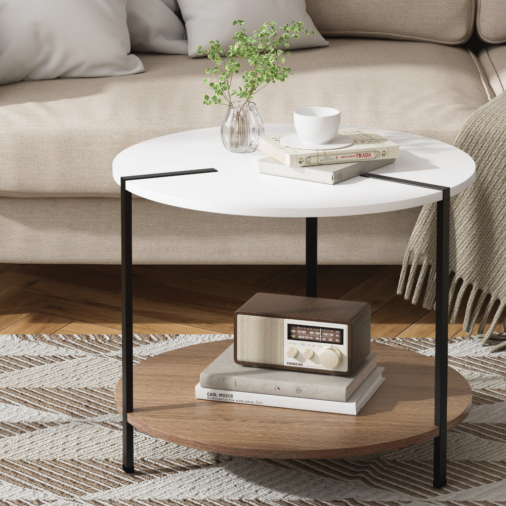 Cedric Round Coffee Table with Bottom Shelf 60cm White