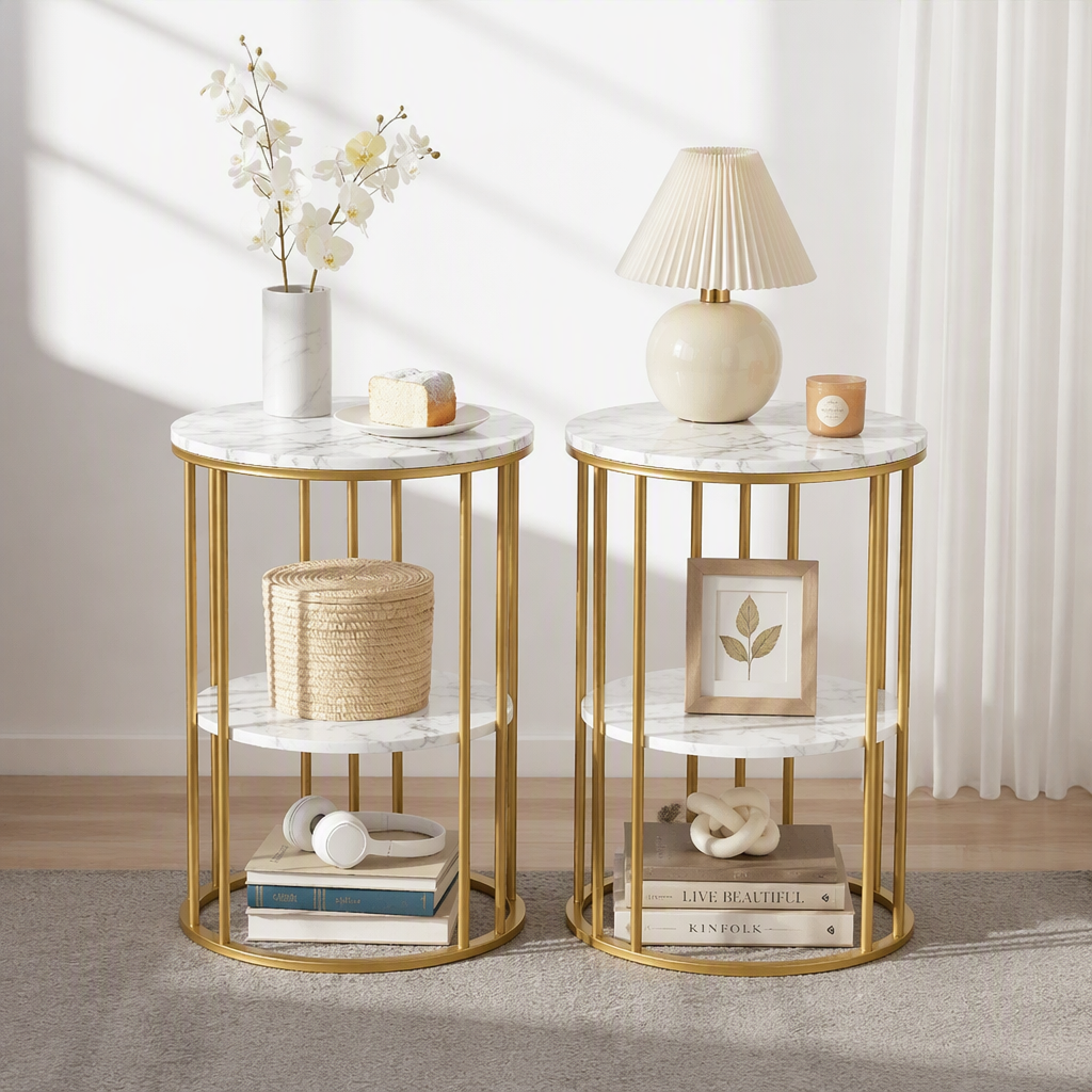 Artiss Side Table Set of 2 Marble Effect Round Coffee Table 2 Tier End Bedside Table Nightstand White&Gold