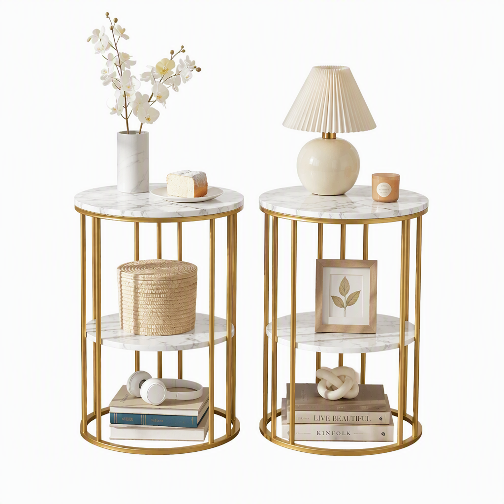Artiss Side Table Set of 2 Marble Effect Round Coffee Table 2 Tier End Bedside Table Nightstand White&Gold