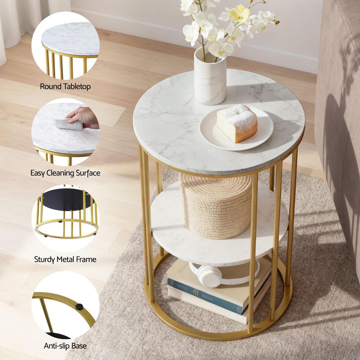 Artiss Side Table Set of 2 Marble Effect Round Coffee Table 2 Tier End Bedside Table Nightstand White&Gold