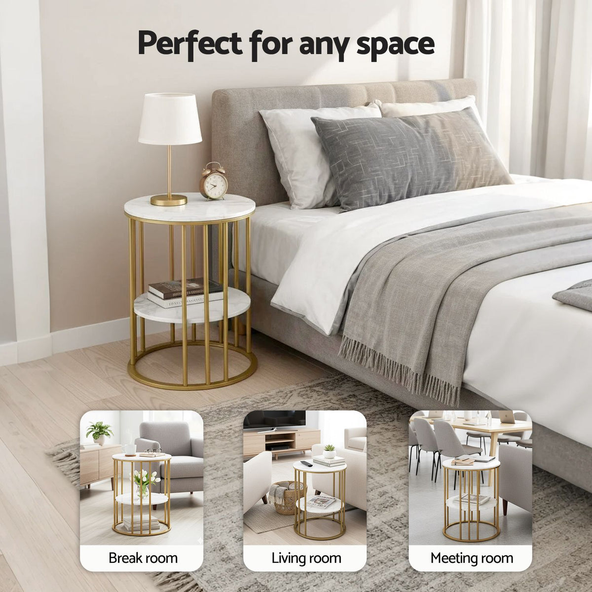 Artiss Side Table Set of 2 Marble Effect Round Coffee Table 2 Tier End Bedside Table Nightstand White&Gold