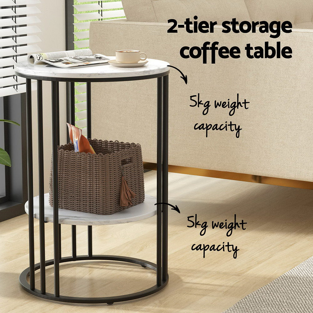 Artiss 2-Tier Round Coffee Table Marble Effect White/Black