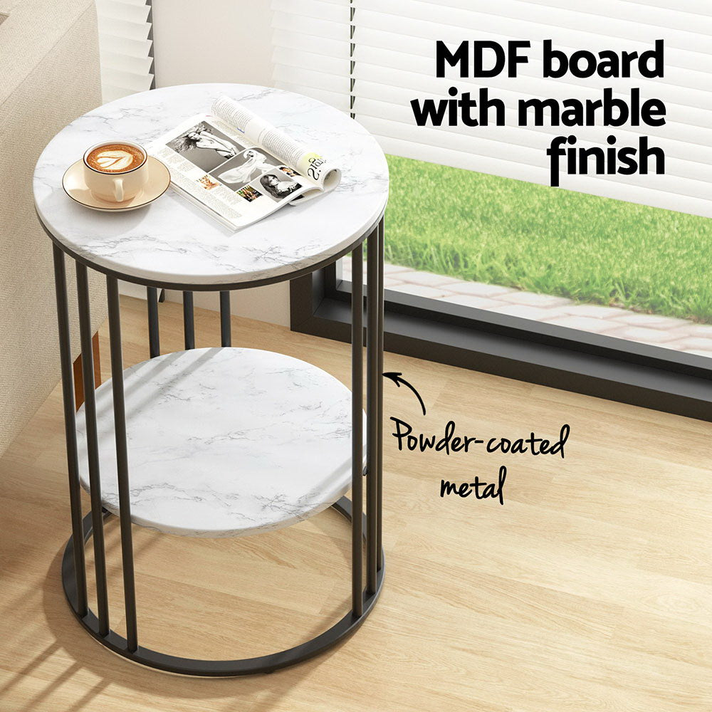 Artiss 2-Tier Round Coffee Table Marble Effect White/Black