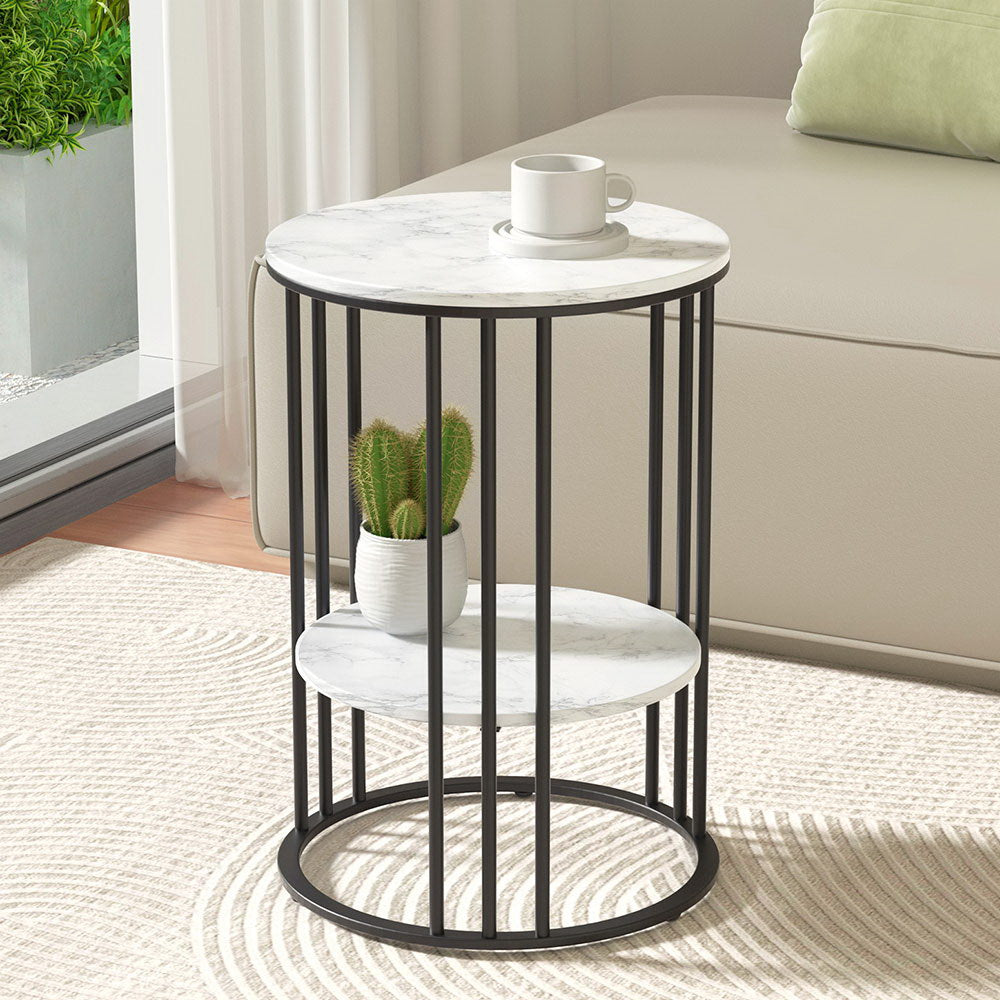 Artiss 2-Tier Round Coffee Table Marble Effect White/Black