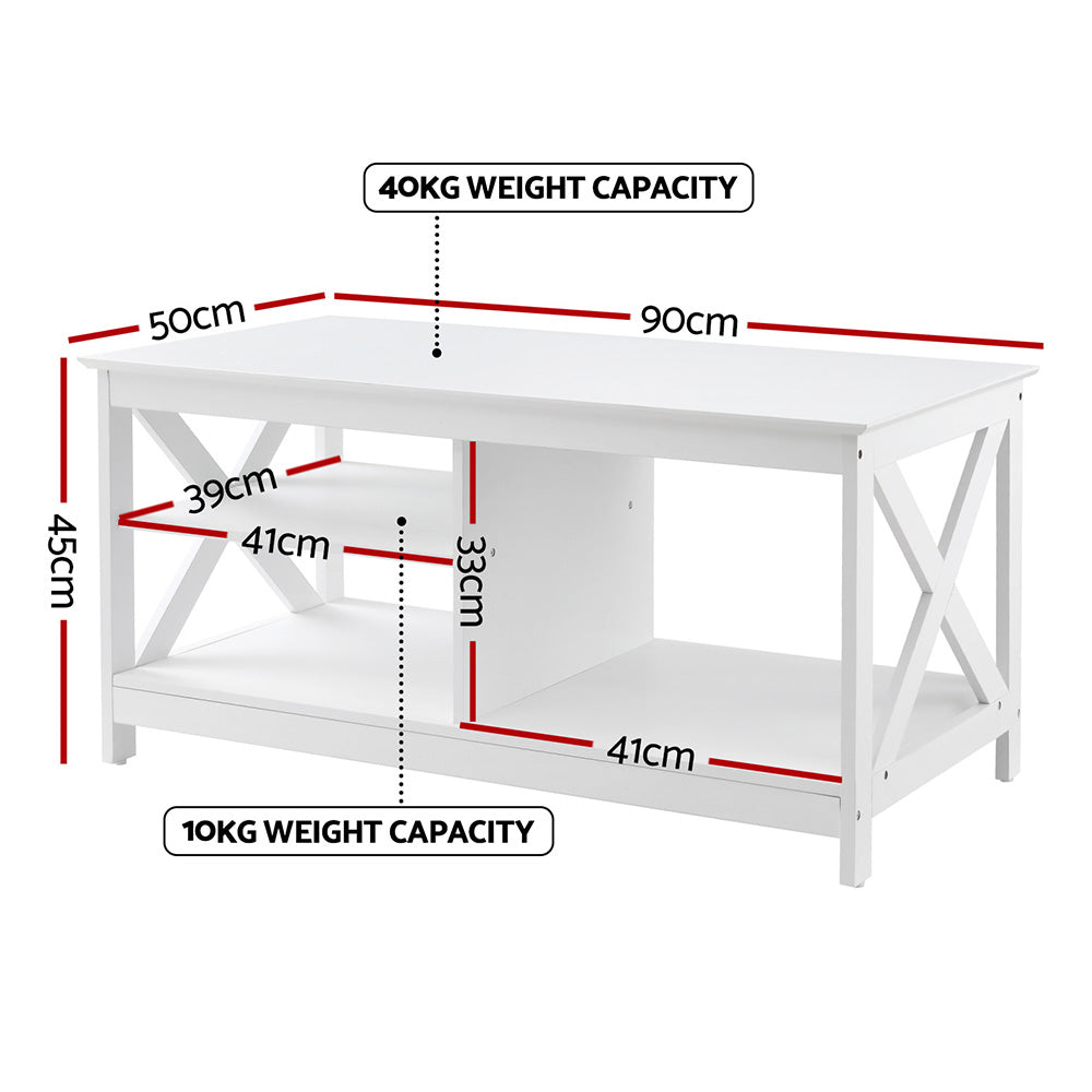 Coastal 3-Tier Coffee Table Storage Shelf White