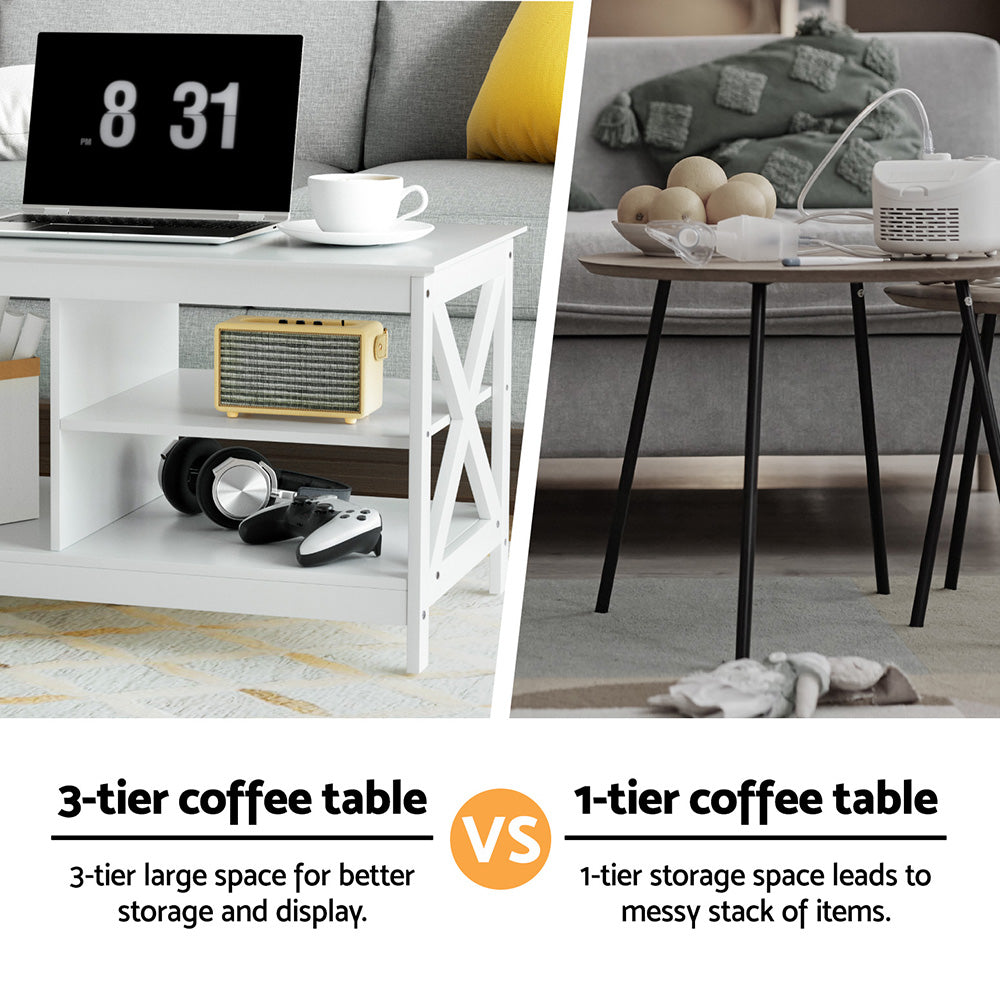 Coastal 3-Tier Coffee Table Storage Shelf White
