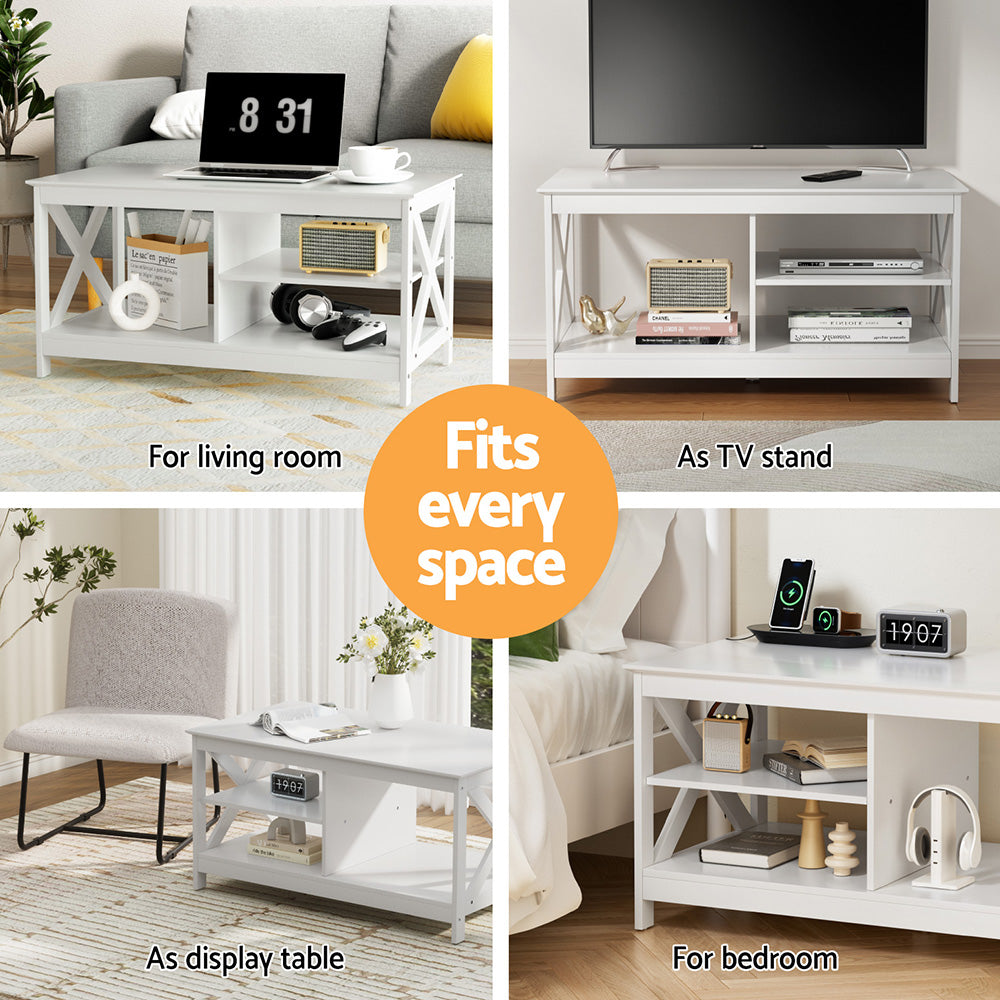Coastal 3-Tier Coffee Table Storage Shelf White