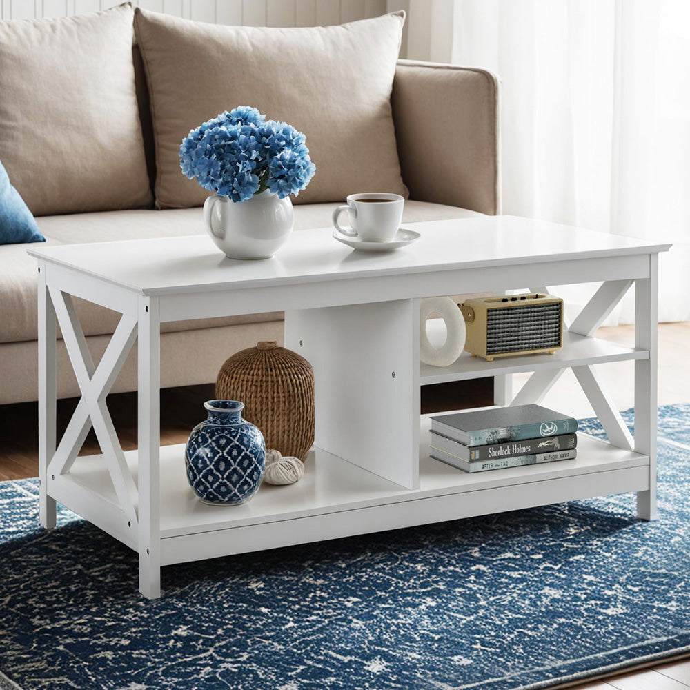 Coastal 3-Tier Coffee Table Storage Shelf White