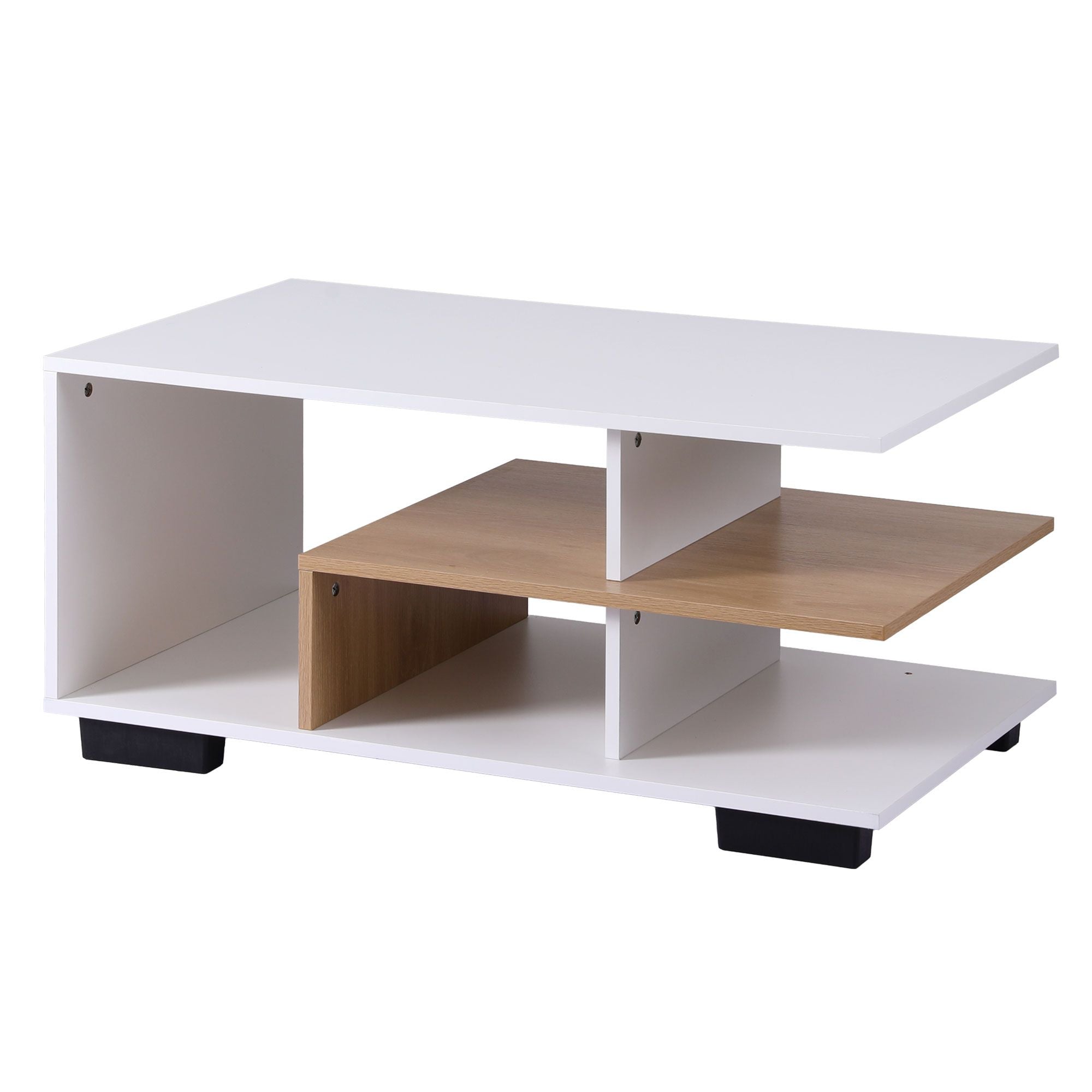 Artiss Coffee Table 90cm Center Table 3 Tier Open Storage Shelf Modern Living Room White & Wood