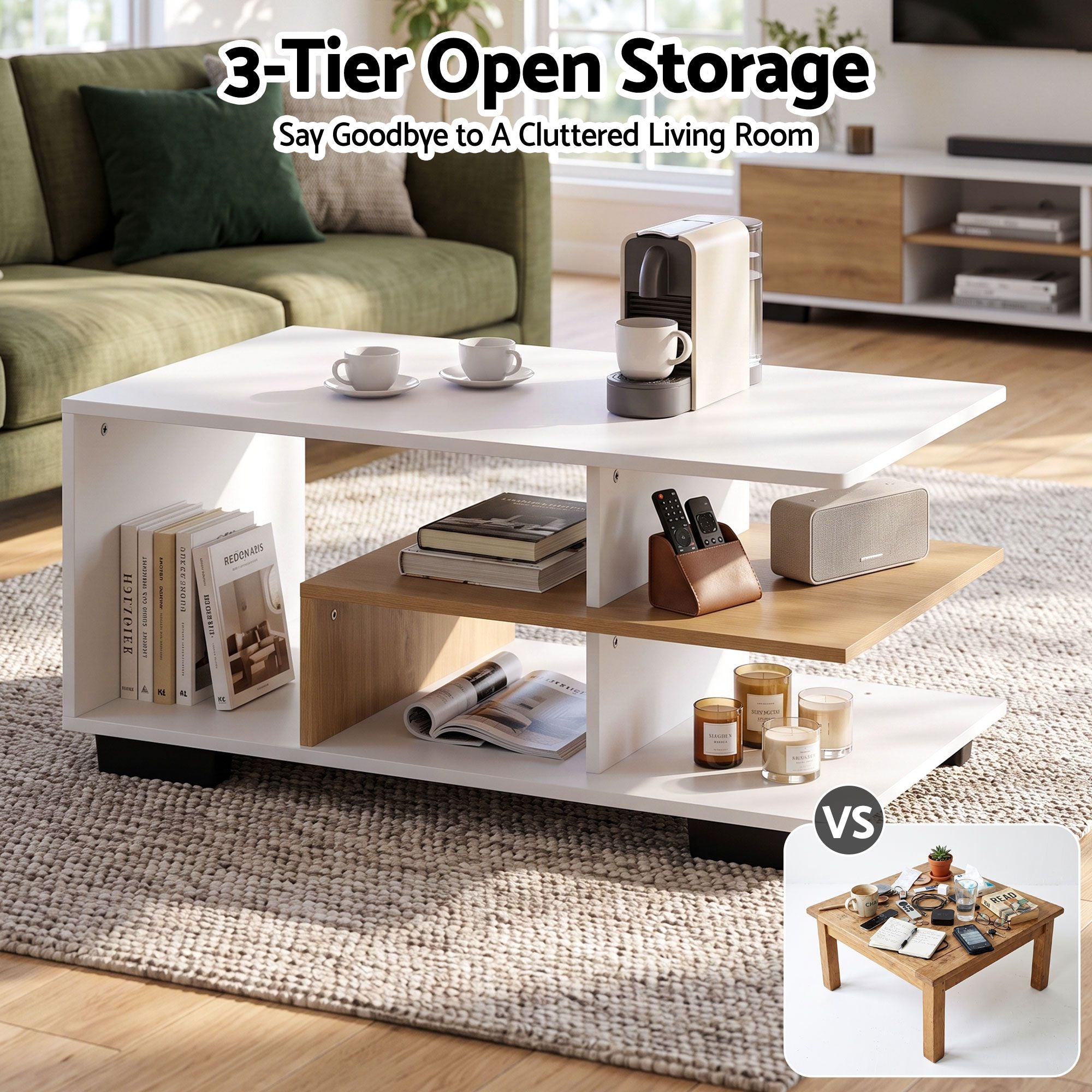 Artiss Coffee Table 90cm Center Table 3 Tier Open Storage Shelf Modern Living Room White & Wood