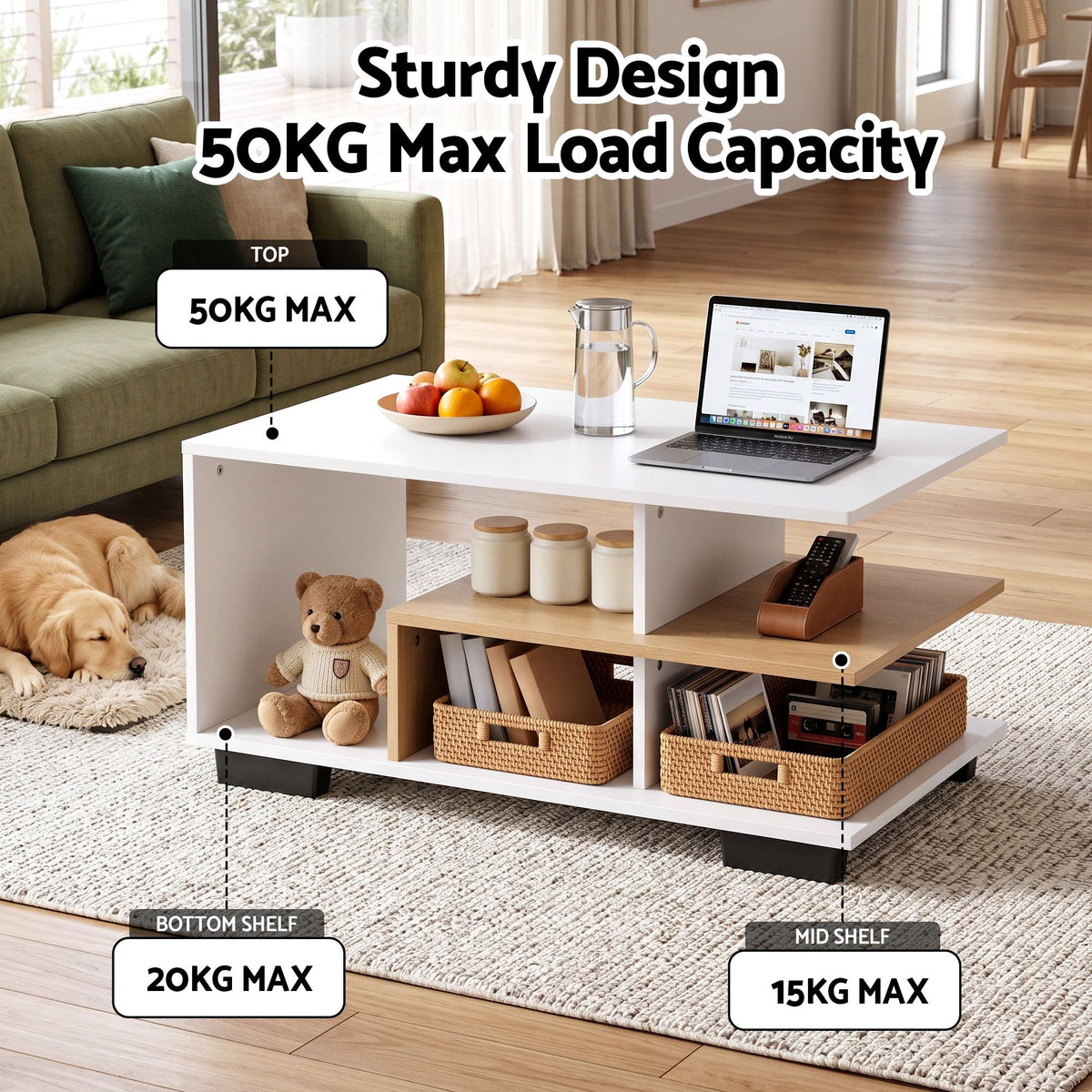 Artiss Coffee Table 90cm Center Table 3 Tier Open Storage Shelf Modern Living Room White & Wood
