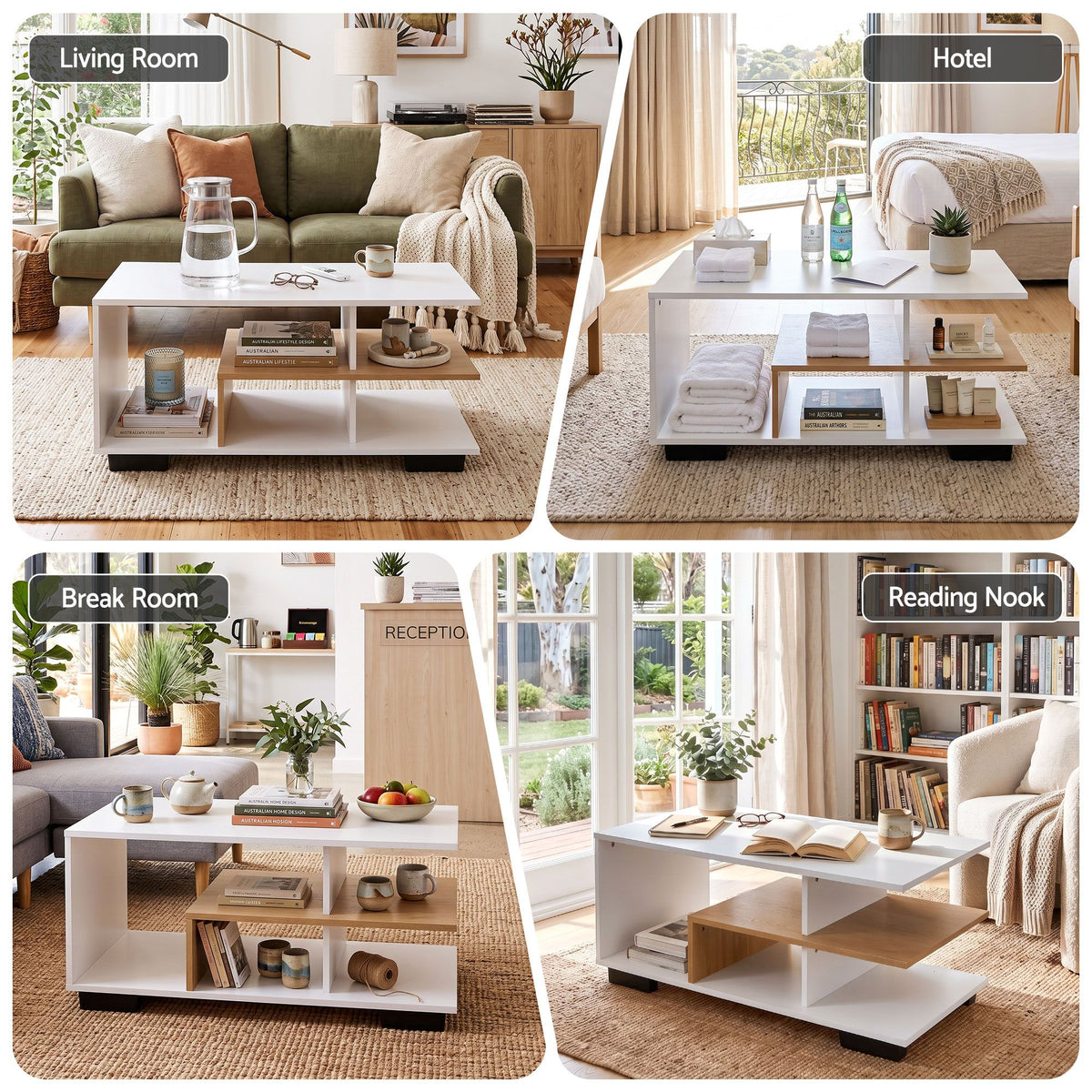 Artiss Coffee Table 90cm Center Table 3 Tier Open Storage Shelf Modern Living Room White & Wood