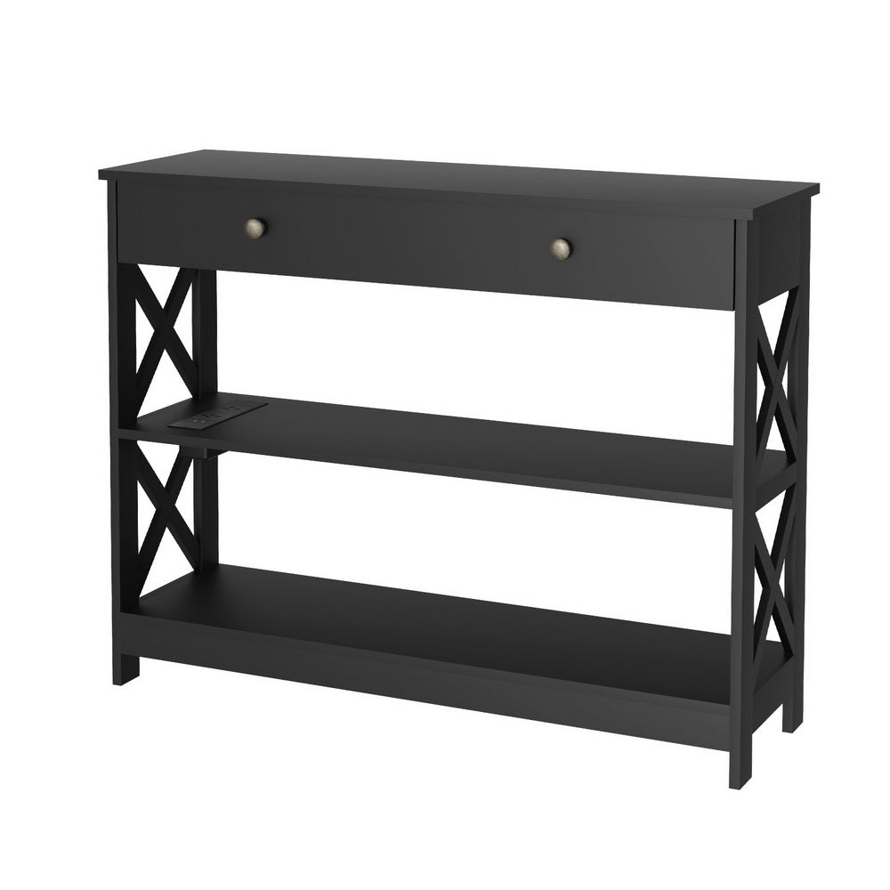 3-Tier Console Table USB Outlets Black