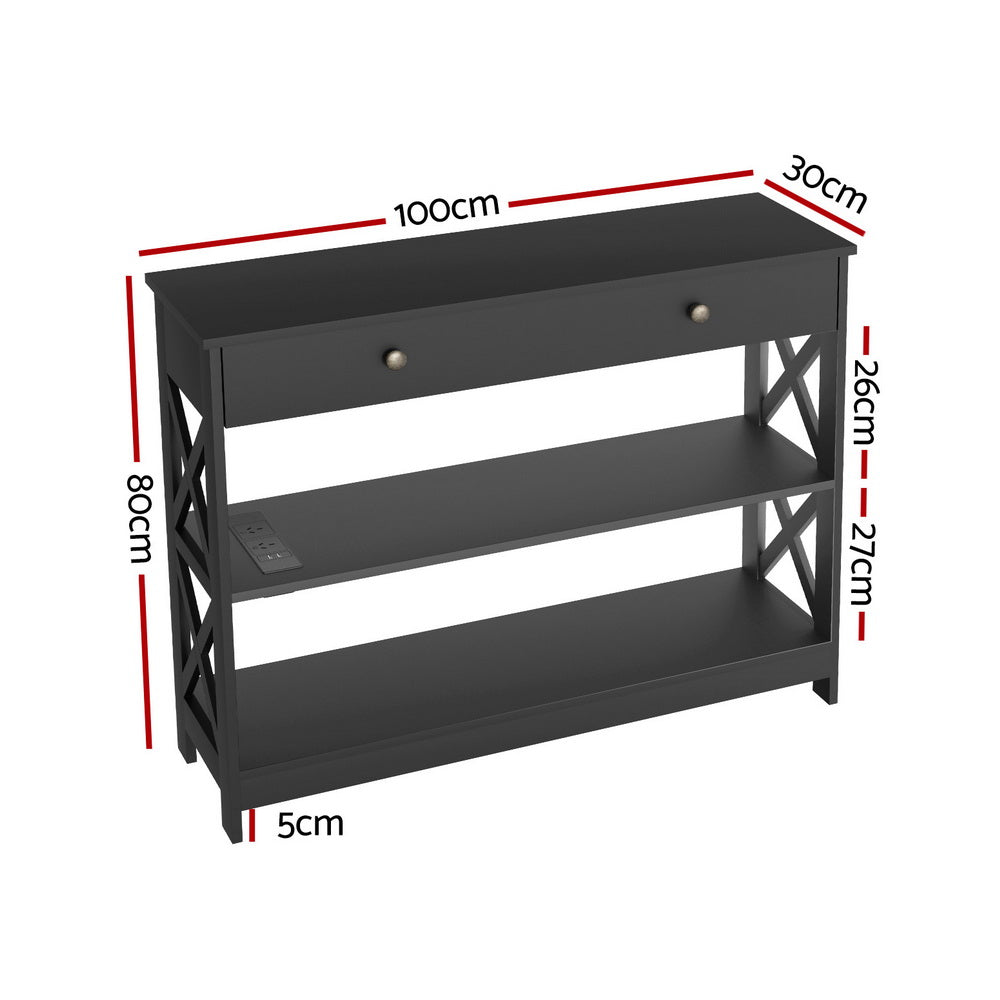3-Tier Console Table USB Outlets Black