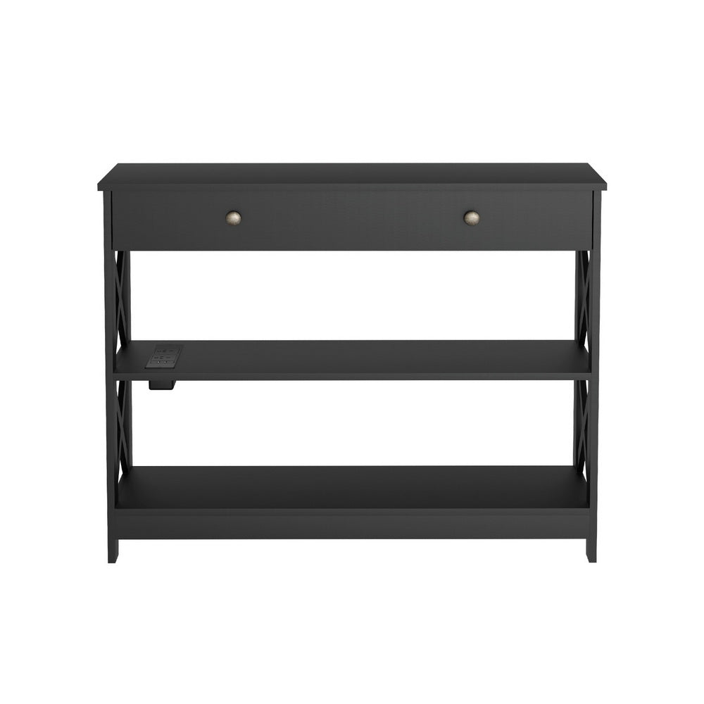 3-Tier Console Table USB Outlets Black