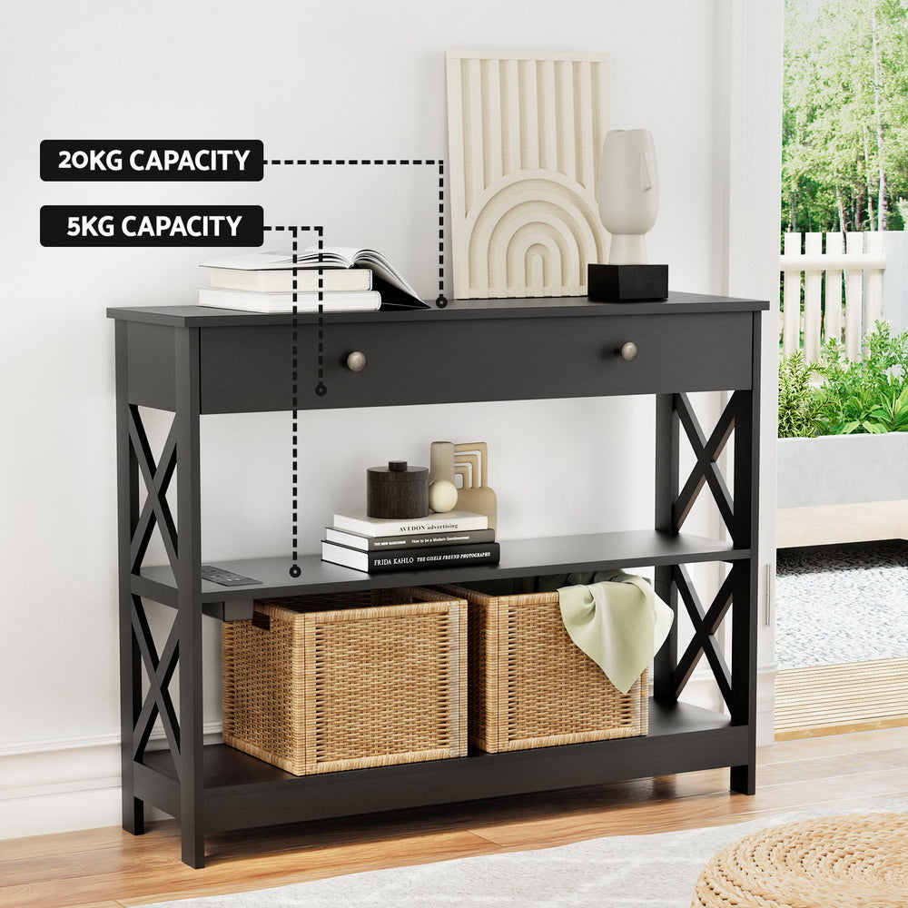3-Tier Console Table USB Outlets Black