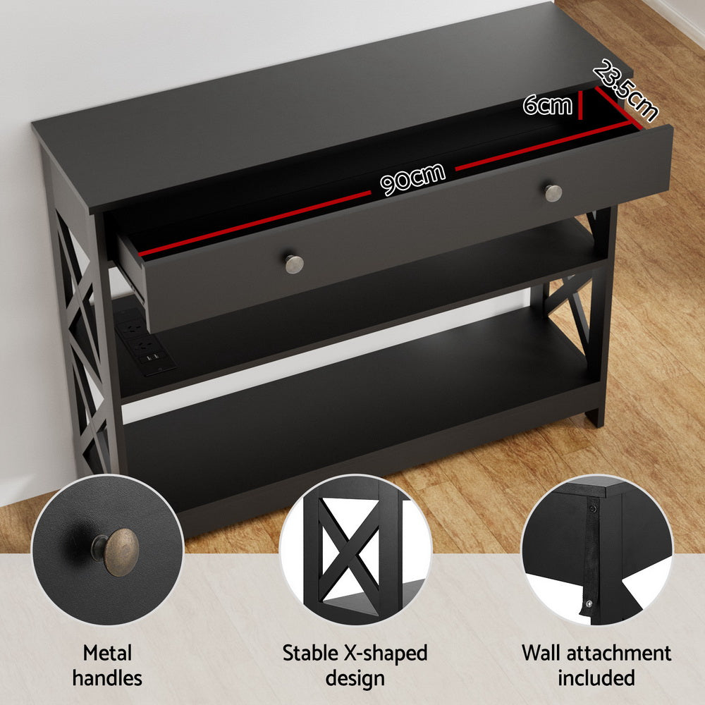 3-Tier Console Table USB Outlets Black