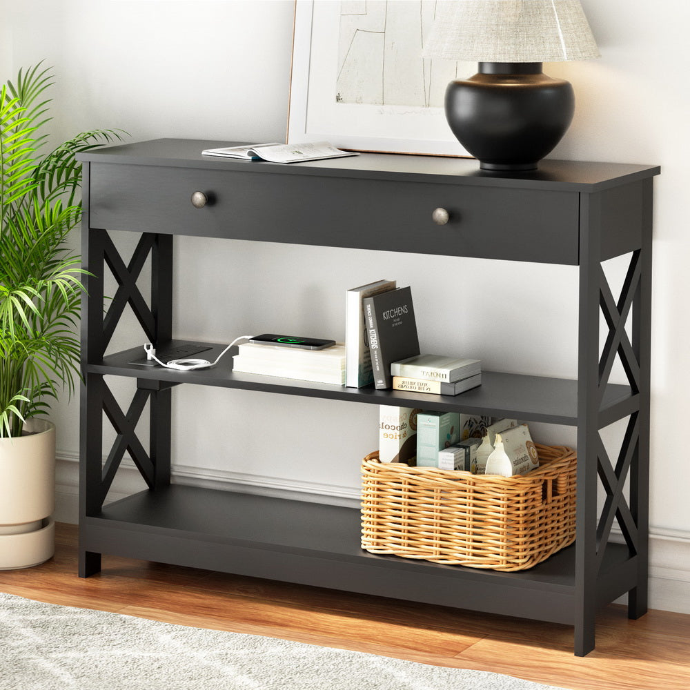 3-Tier Console Table USB Outlets Black
