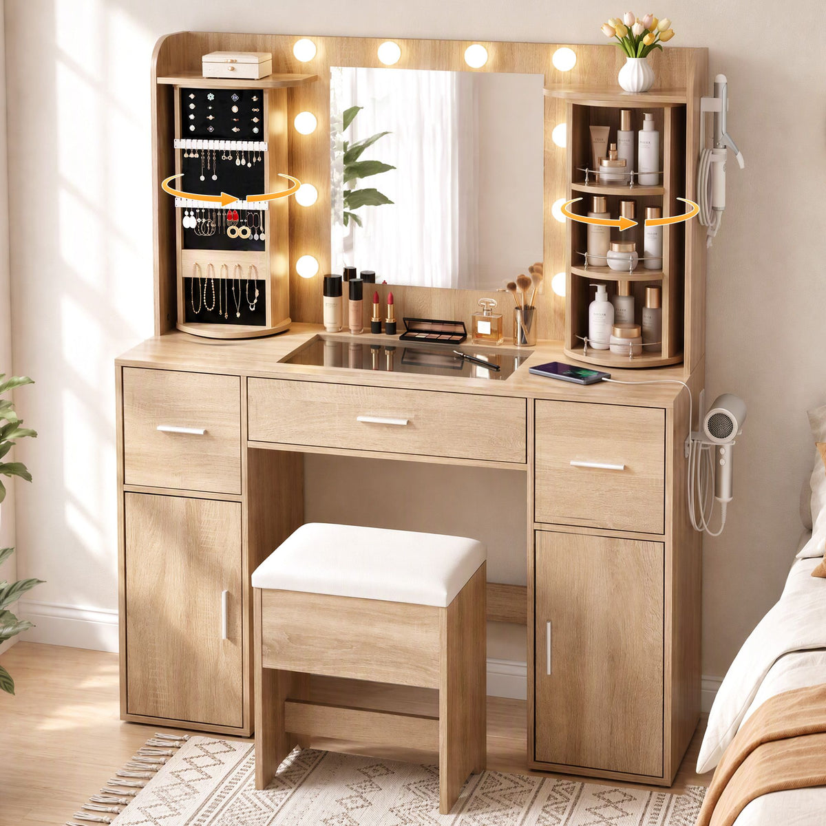 Artiss Dressing Table Vanity Set with LED Mirror and Stool, Wood