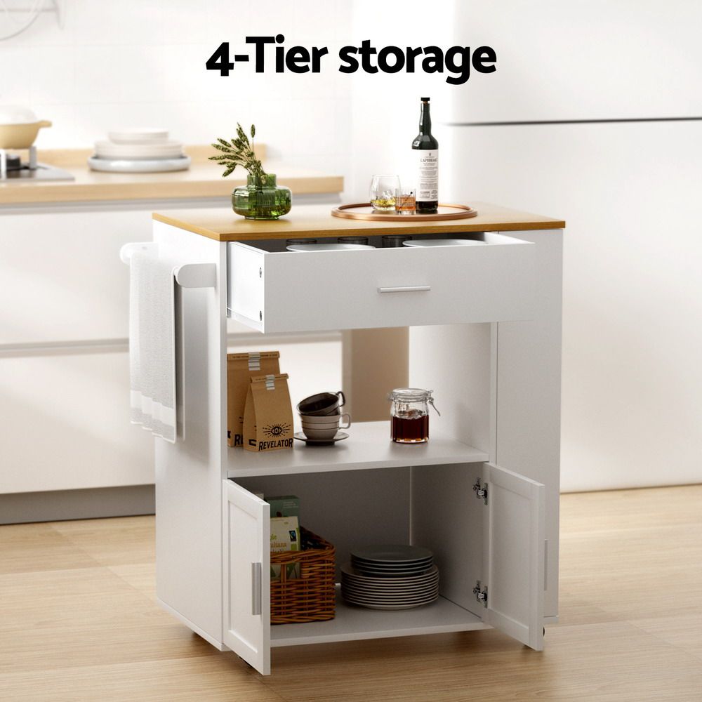 Artiss Mobile Kitchen Island Trolley Cart White Pine