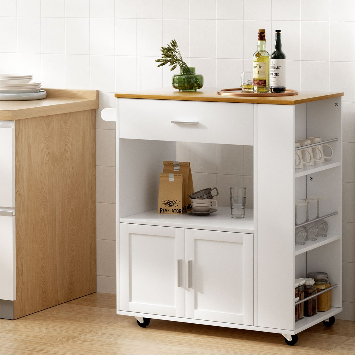 Artiss Mobile Kitchen Island Trolley Cart White Pine