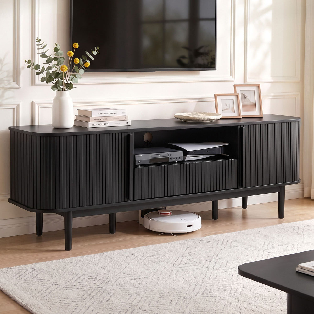 Artiss 160cm TV Unit with Sliding Fluted Doors Black