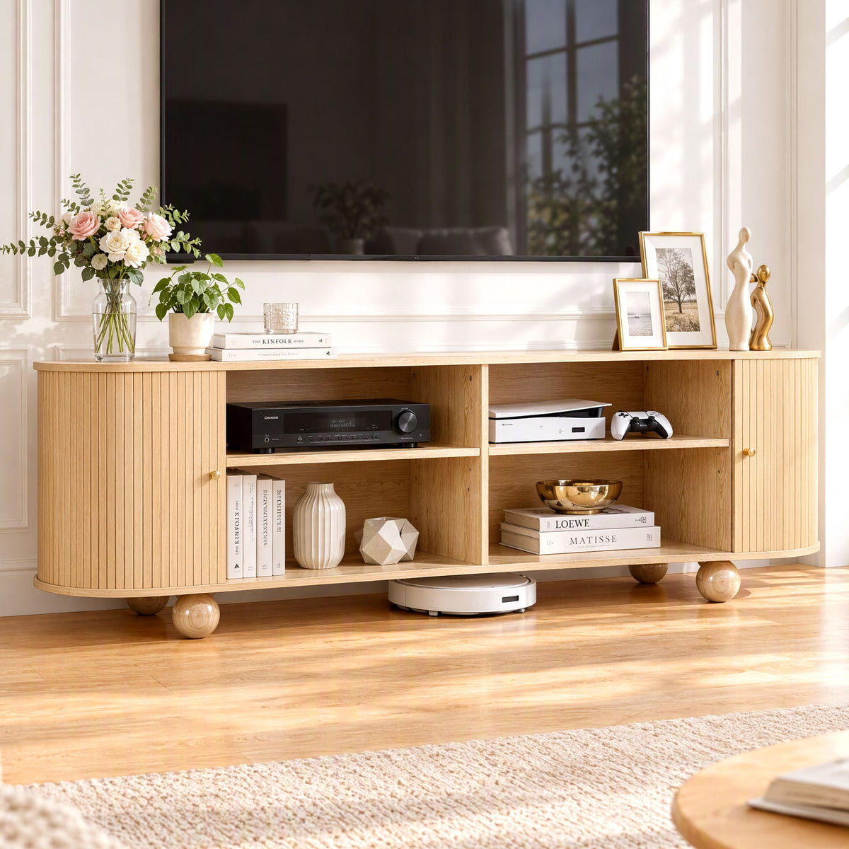 Artiss 180cm TV Entertainment Unit with Tambour Doors Pine