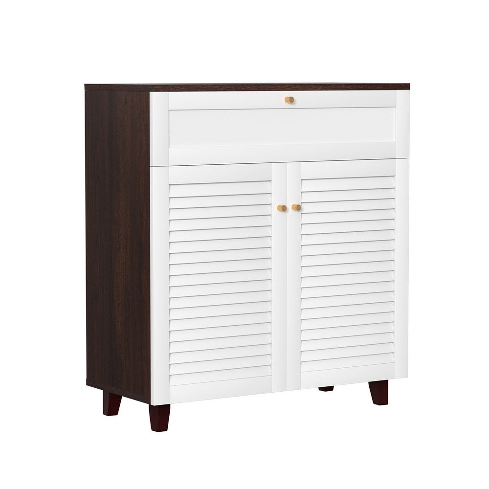 Artiss 16-Pair Shoe Rack Cabinet Storage Drawer White/Walnut