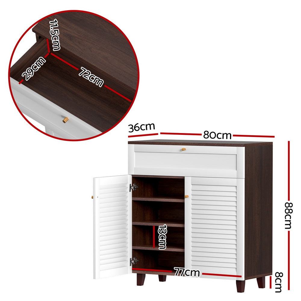 Artiss 16-Pair Shoe Rack Cabinet Storage Drawer White/Walnut