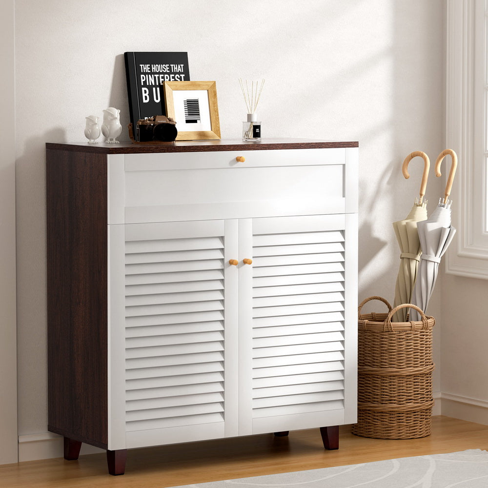 Artiss 16-Pair Shoe Rack Cabinet Storage Drawer White/Walnut