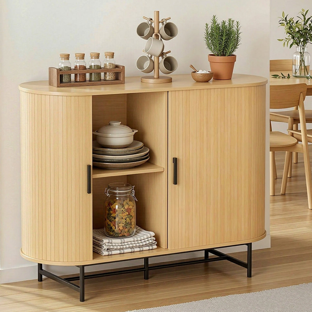 PIIA Oak Buffet Sideboard Sliding Doors Cabinet