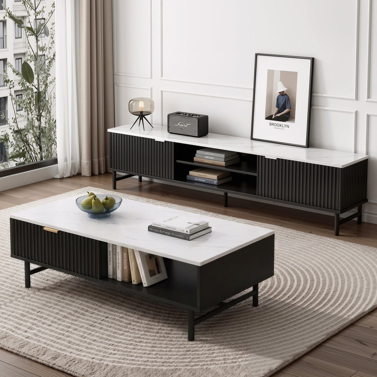 Kaisu TV Unit & Coffee Table Set Black Storage Shelf