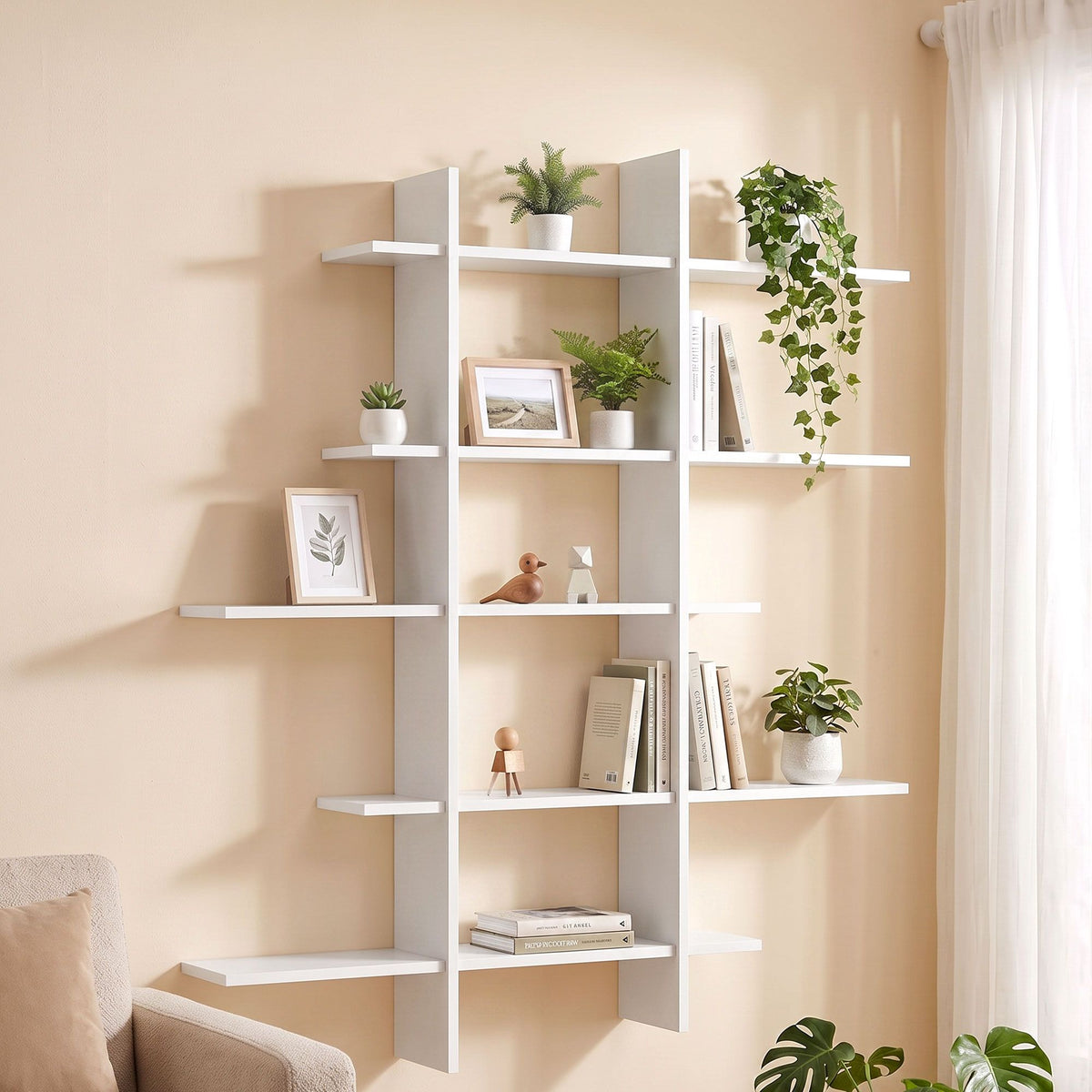Artiss 15-Section Wall Mounted Display Shelf, Floating Bookshelf for Books and Decor, Extra Thick E1 PB Board for Home Study and Living Room, 116 x 18 x 129 cm