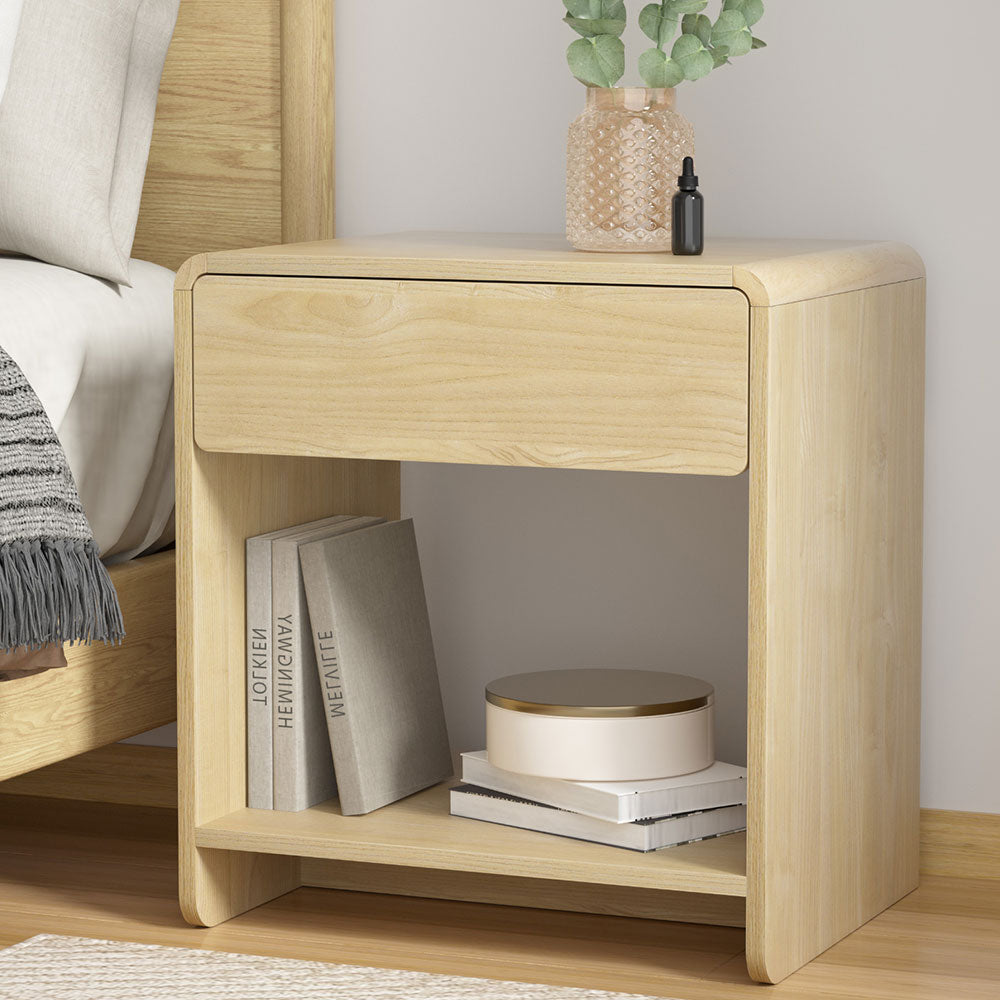 Artiss Pine Bedside Table Drawer Open Shelf