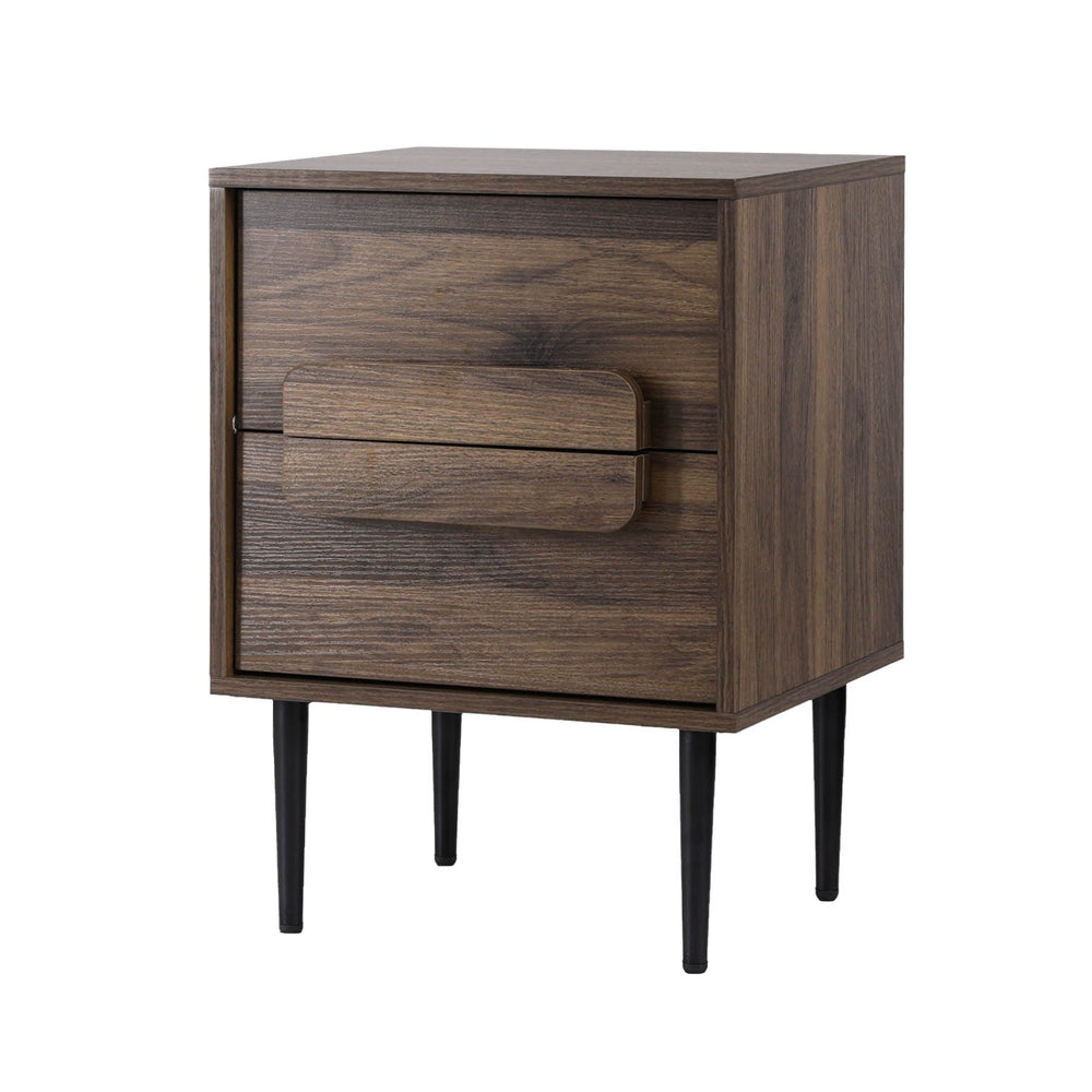 Walnut Nightstand 2-Drawer Bedside Table Black Metal Legs