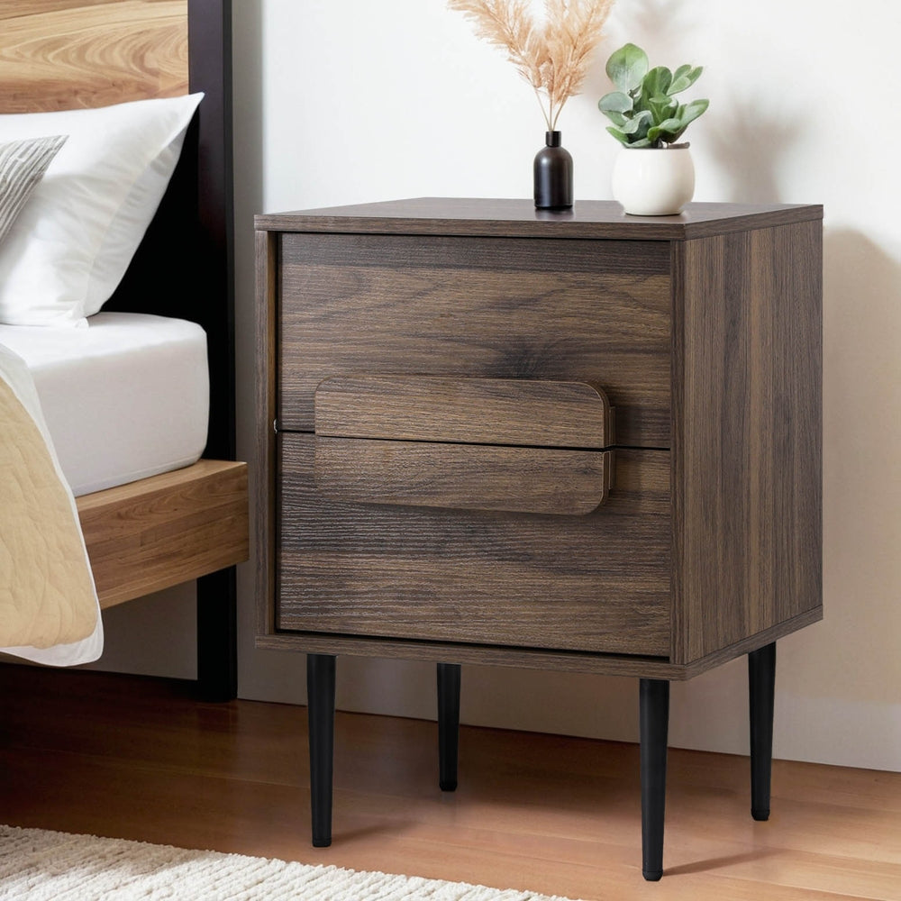 Walnut Nightstand 2-Drawer Bedside Table Black Metal Legs